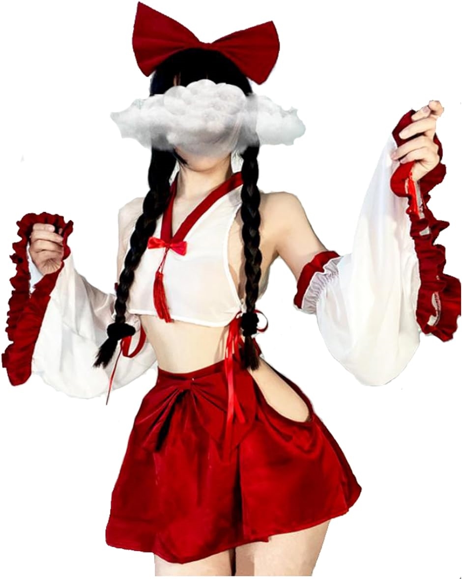 巫女 コスプレ 和装 着物 和服 正月 仮装 衣装 赤 クリーム コスチューム 巫女服 4点セット( ホワイト)