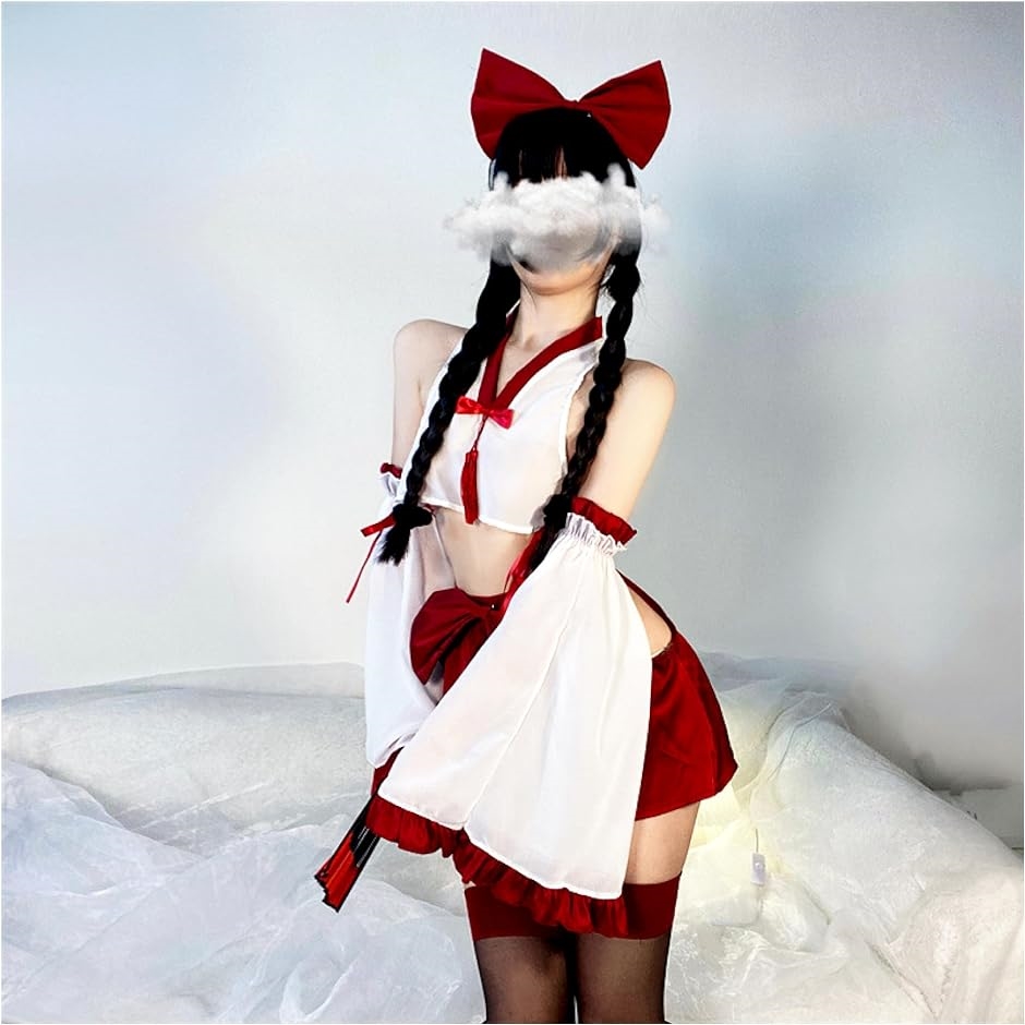 巫女 コスプレ 和装 着物 和服 正月 仮装 衣装 赤 クリーム コスチューム 巫女服 5点セット( ホワイト)｜horikku｜06