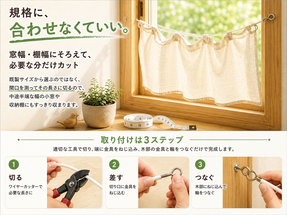 カーテン レール ロープ ワイヤー 吊り下げ DIY フック金具6組セット