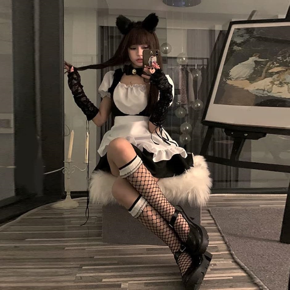 メイド服 猫 コスプレ 衣装 コスチューム かわいい セクシー レース フリル リボン ロリータ レディース 半袖 ミニスカート(XL)