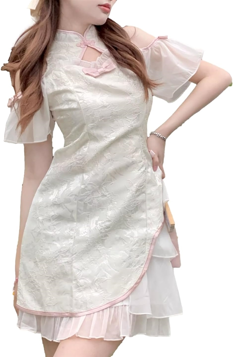 チャイナ服 チャイナドレス ハロウィン コスプレ コスチューム 衣装 半袖 ワンピース( ホワイト,  M)