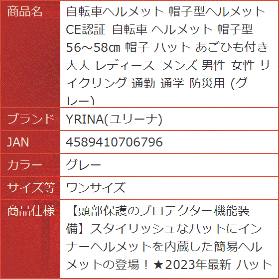 自転車ヘルメット 帽子型ヘルメット CE認証 56〜58cm ハット あごひも付き 大人 レディース メンズ( グレー,  ワンサイズ)｜horikku｜07