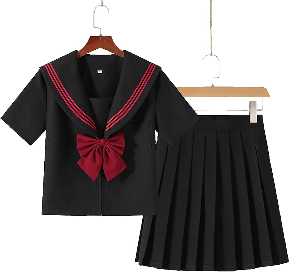 セーラー服 コスプレ 半袖 女子高生 制服 学生服 JK 衣装 仮装 リボン スカート 髪留2個付( 黒,  XL)