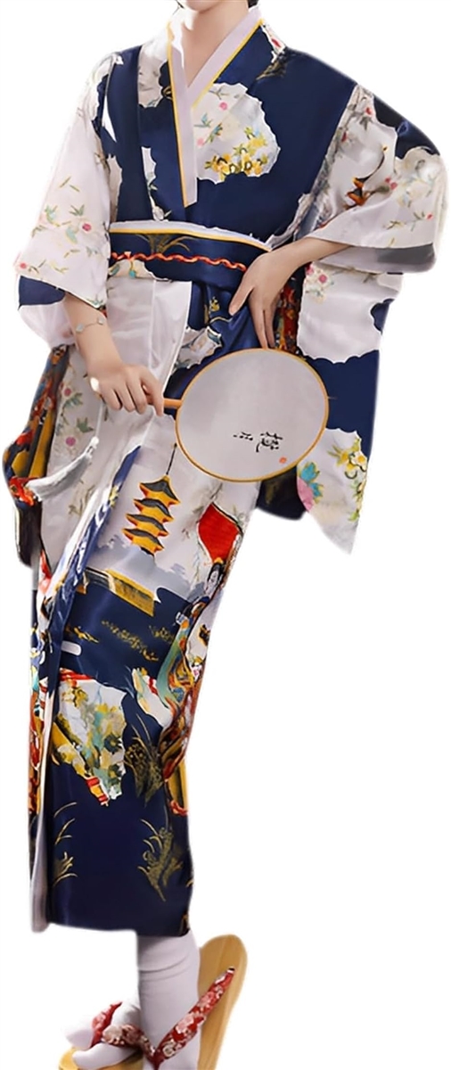 和服 レディース コスプレ 衣装 和装 浴衣 ハロウィン コスチューム 夏祭り和柄 e996( ネイビーブルー)｜horikku