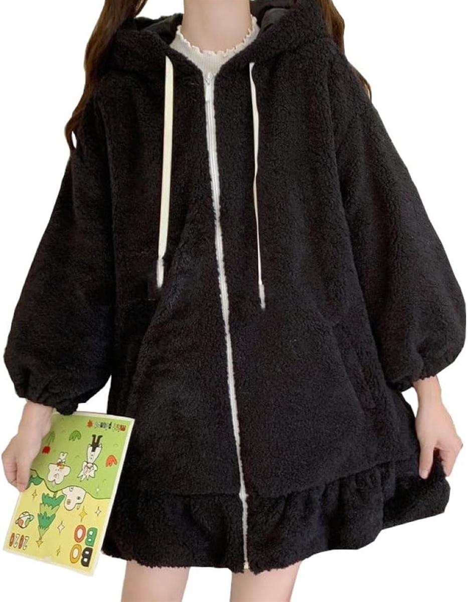 ぴゅありぼん 大きいサイズ うさ耳付き ふわふわ もこもこ パーカー( ブラック,  2XL)