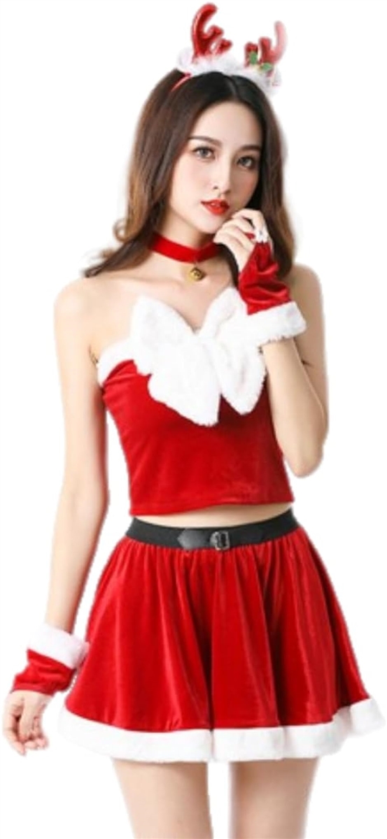 サンタ コスプレ レディース 5点セット クリスマス 衣装 セパレート ミニスカ( レッド,  M)