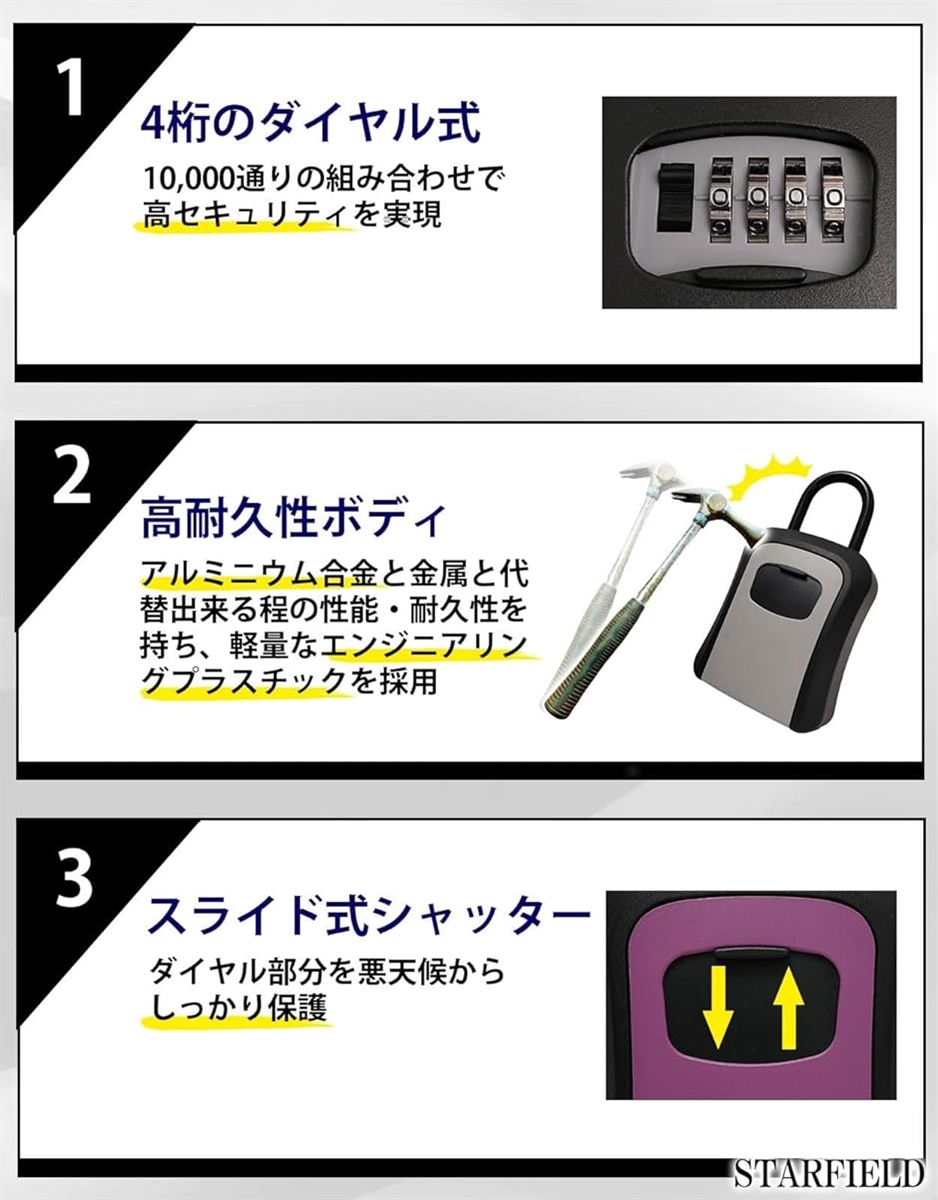 セキュリティ キーボックス フック式 取り外し可能 高耐久性 壁掛け ダイヤル式 4桁 鍵置き 防犯 チャック付きポリ袋( ブラック) | ブランド登録なし | 03