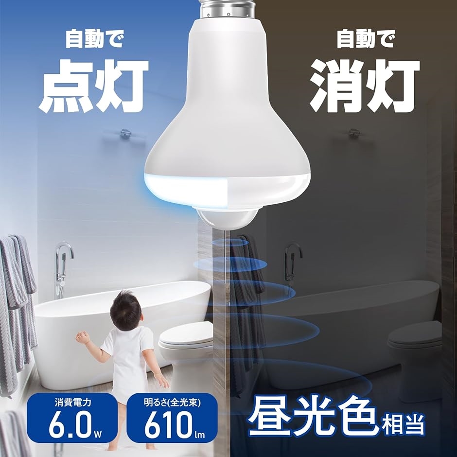 LED電球 人感センサー付 E17口金 6W 60形相当 小型電球 610lm 下方向タイプ 明暗センサー付( 昼光色,  1個セット)｜horikku｜03