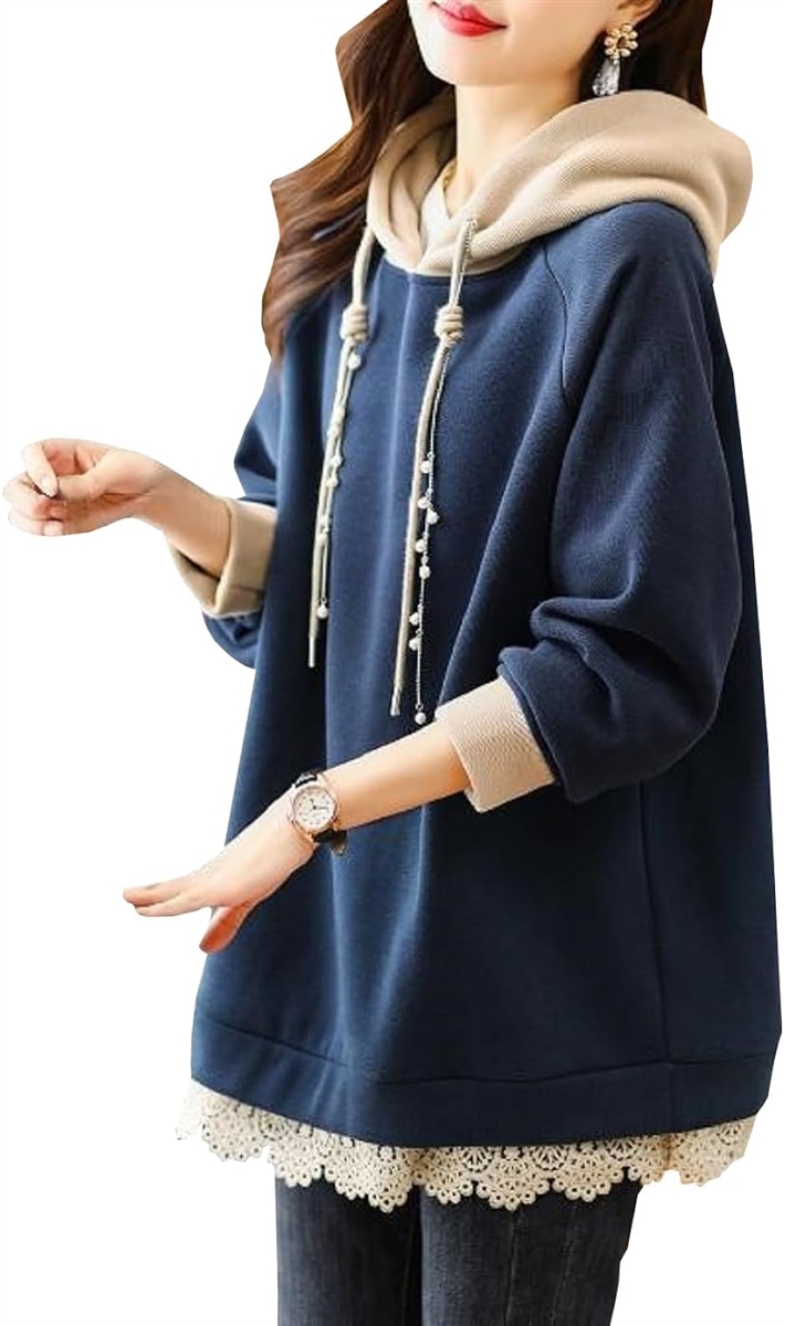 パーカー プルオーバー フード付き レース トップス フェイクパール レディース(ネイビー,  2XL)