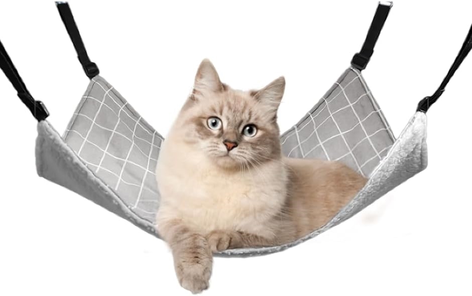 猫 ハンモック ベット ゲージ 快適設計 長さ調節可 耐荷重10kg 丈夫( グレーチェック柄,  58L x 48W x 1H cm)