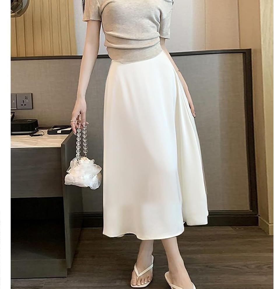 レディース ロングスカート フレアスカート 白 サテン艶感 光沢 素材 A