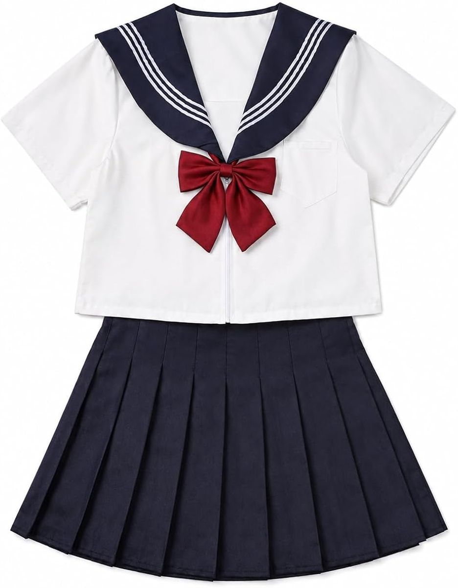 セーラー服 半袖 コスプレ衣装 上着 スカート リボン 3点セット 文化祭 学園祭 撮影 仮装 パーティー 舞台 (ホワイト半袖,  S)