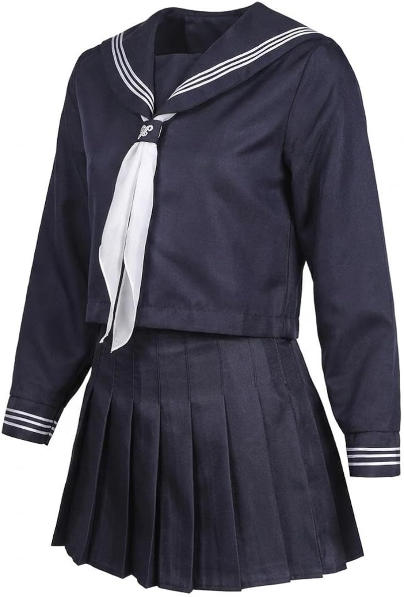 セーラー服 長袖 コスプレ衣装 上着 スカート リボン 3点セット 学園祭 文化祭 撮影 仮装 パーティー (ネイビー長袖, XL)