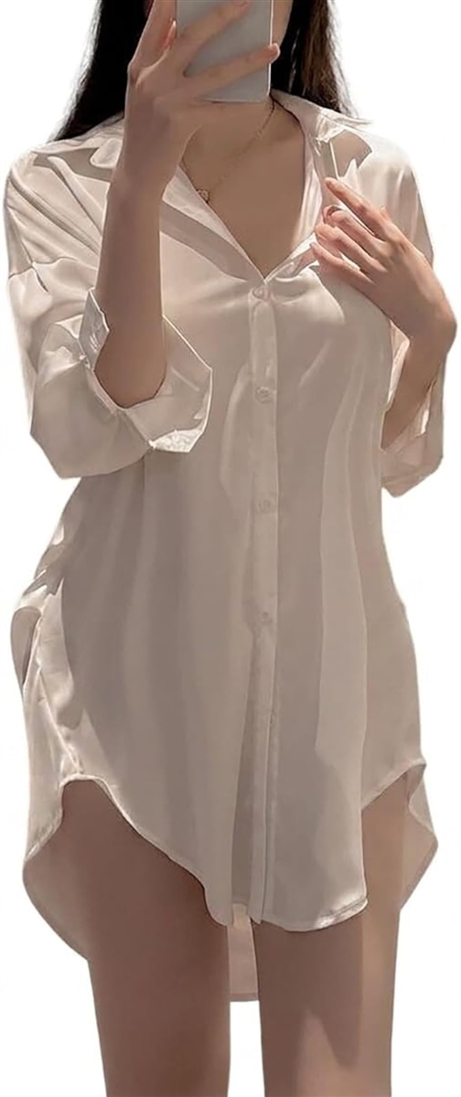 彼シャツ コスプレ 部屋着 パジャマ レディース 大きいサイズ サテン ゆったり カッターシャツ (ホワイト,  Free Size)
