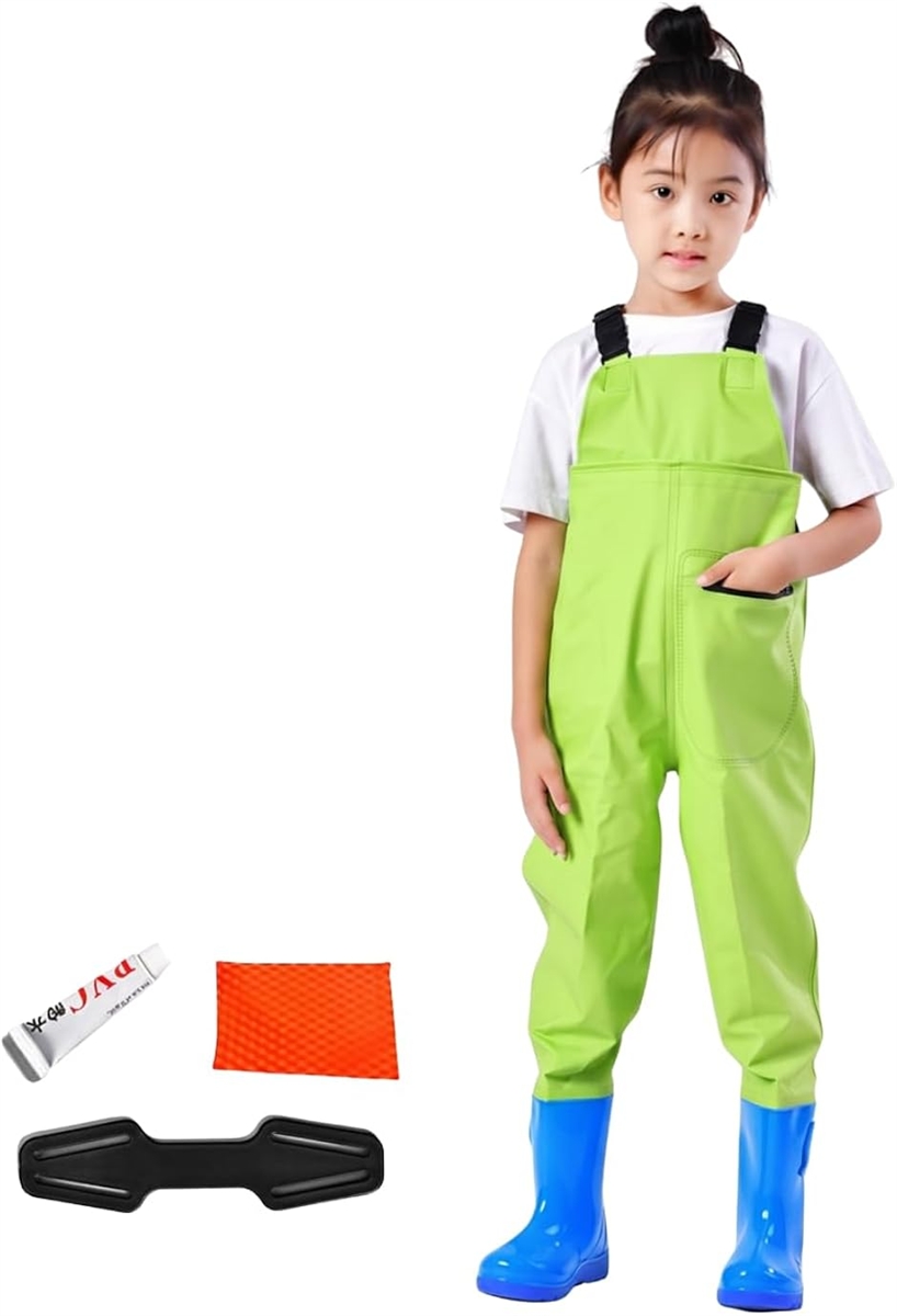 ウェーダー 子供 胴付長靴 防水ズボン 砂遊び 砂場着 補修キット付 ショルダーベルト ポケット (ライトグリーン,  19.5cm)