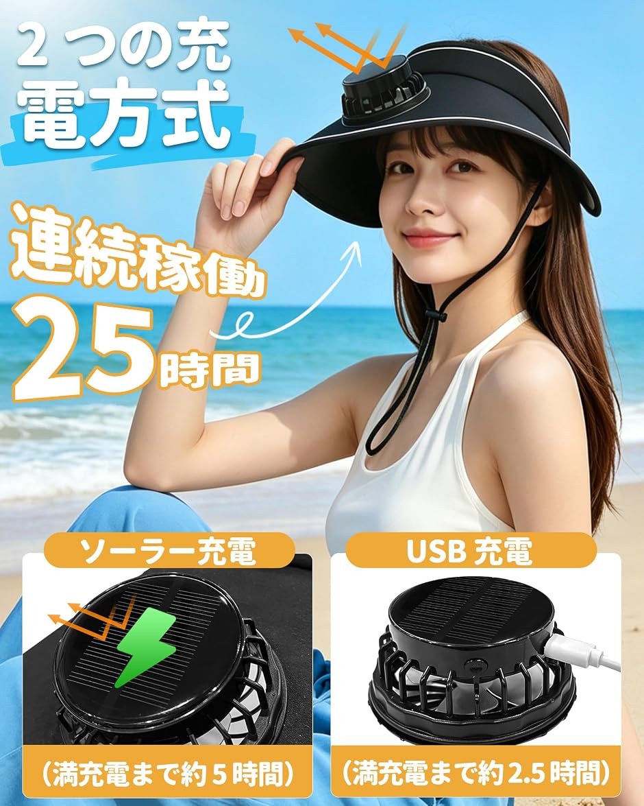 ソーラーファン付き帽子UPF50+UVカット・25時間冷たさ持続・13.5cm超広つば小顔効果 (ブラック, 47cm〜57cm) 関連画像4