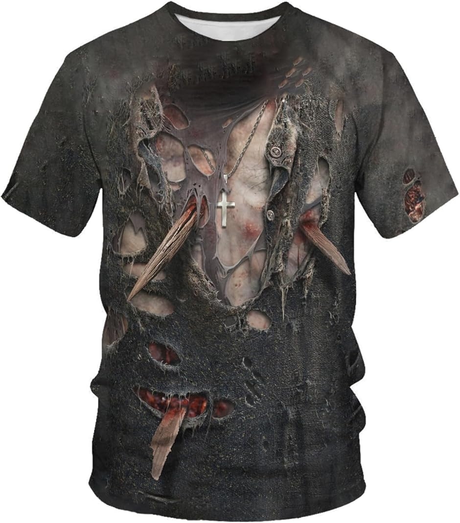 ホラー tシャツ 半袖 メンズ ハロウィン 3Dプリント おもしろ コスプレ (グレー,  L)