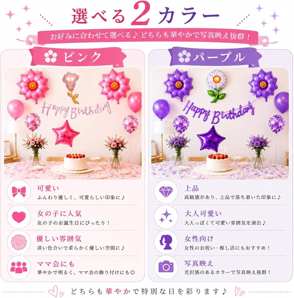 誕生日 飾り付け フラワー 花 バルーン セット ピンク パープル Happy