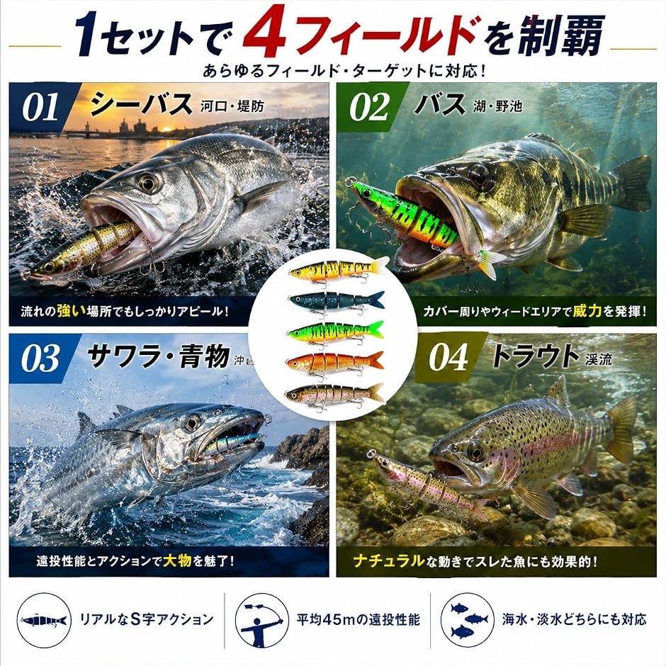 ビッグベイト 5本セット 7関節 シンキングミノー S字アクション