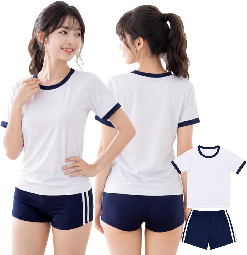 体操服 短パン コスプレセット 体操服風 ルームウェア 半袖トップス ショートパンツ (ネイビー,  M)