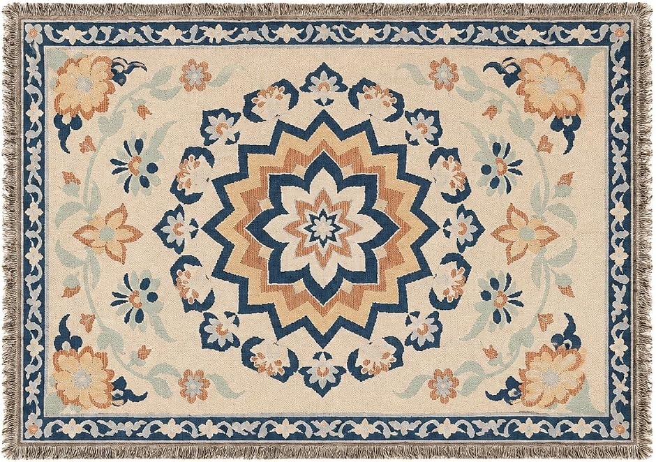 ラグマット キリム柄 180x130cm ジャカード織 マルチカバー (07 ブルーロータス,  130 x 180 cm (長方形))