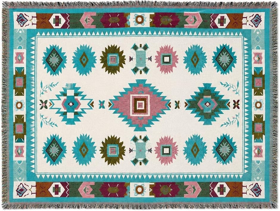 ラグマット キリム柄 180x130cm ジャカード織 マルチカバー (06 ターコイズキリム,  130 x 180 cm (長方形))