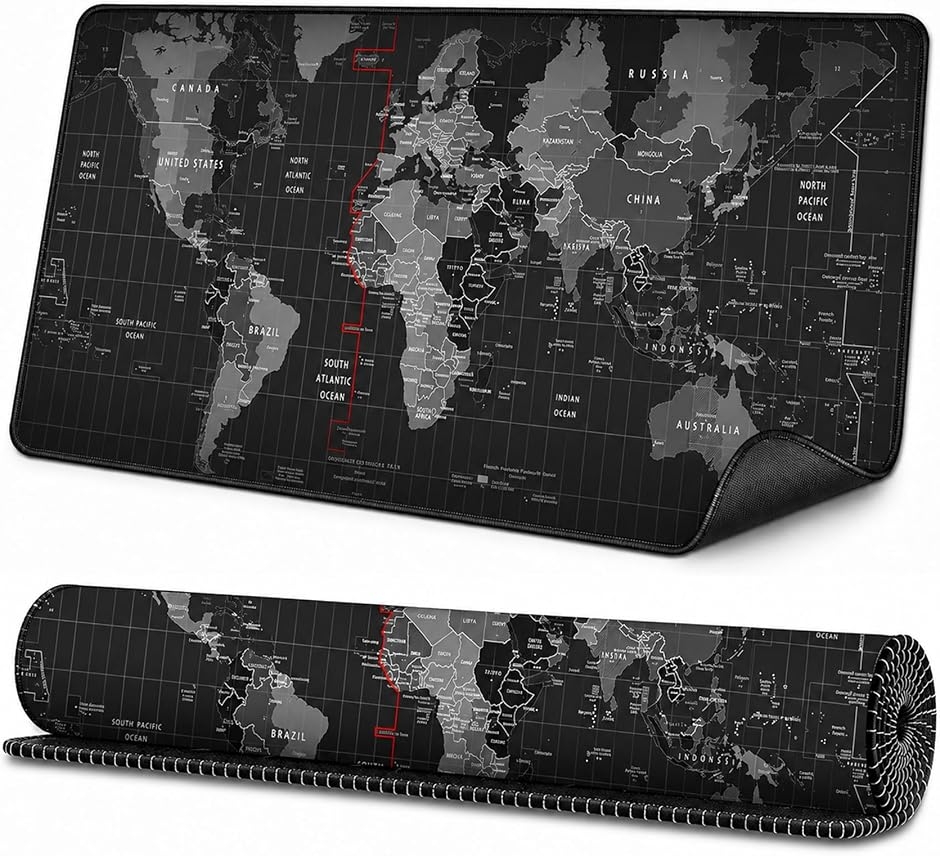世界地図 マウスパッド 大型 デスクマット 3mm厚 防水 滑り止め ゲーミング オフィス (ブラック, 80x30cm-3mm)