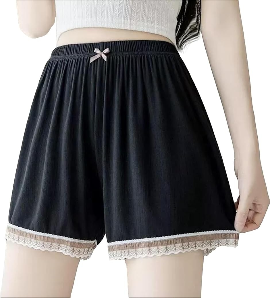 ペチ パンツ レディース インナー 透け防止 コート ルームウェア ショート 下着 見せパン 3分丈 人気 可愛い (ブラック,  L)