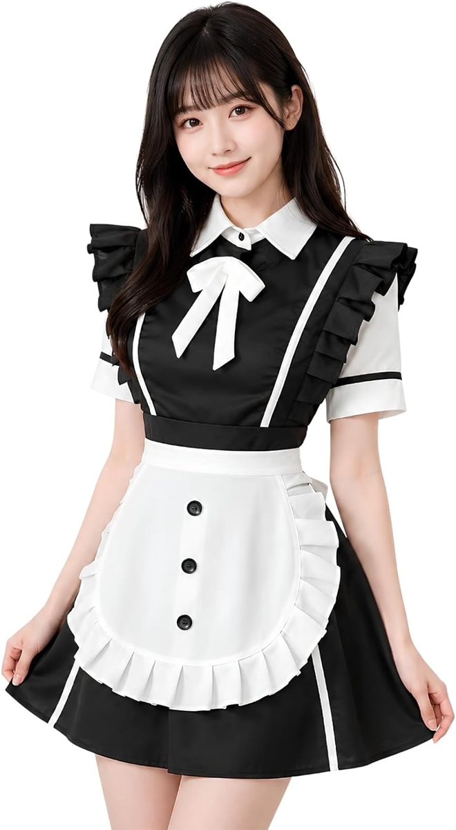 ハロウィン コスプレ メイド服 仮装 衣装 エプロン付き 2点セット (ブラック,  レギュラーサイズ)