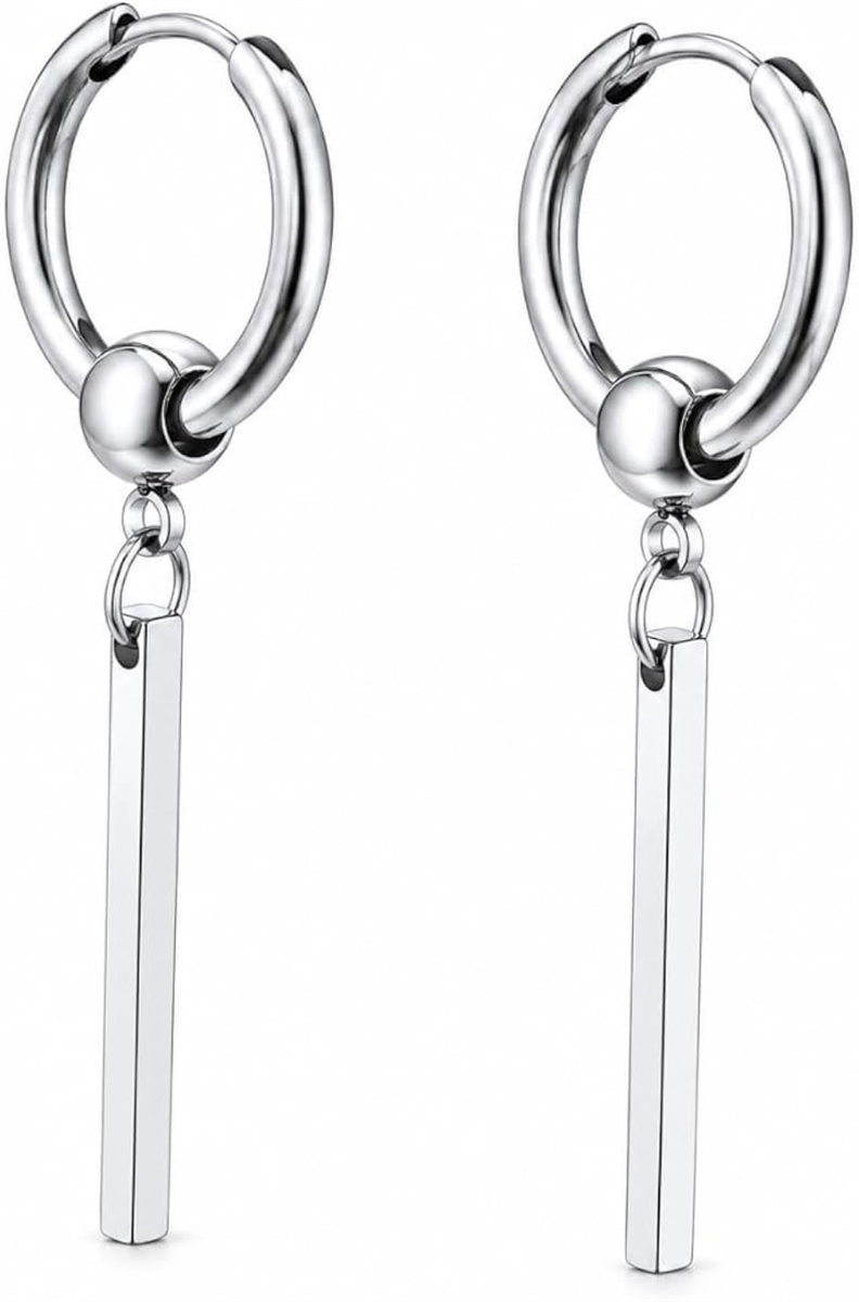 フープピアス リングピアス 3way仕様 スティックドロップピアス ロングプレート (シルバー,  直径：約12mm、長さ：約47mm)