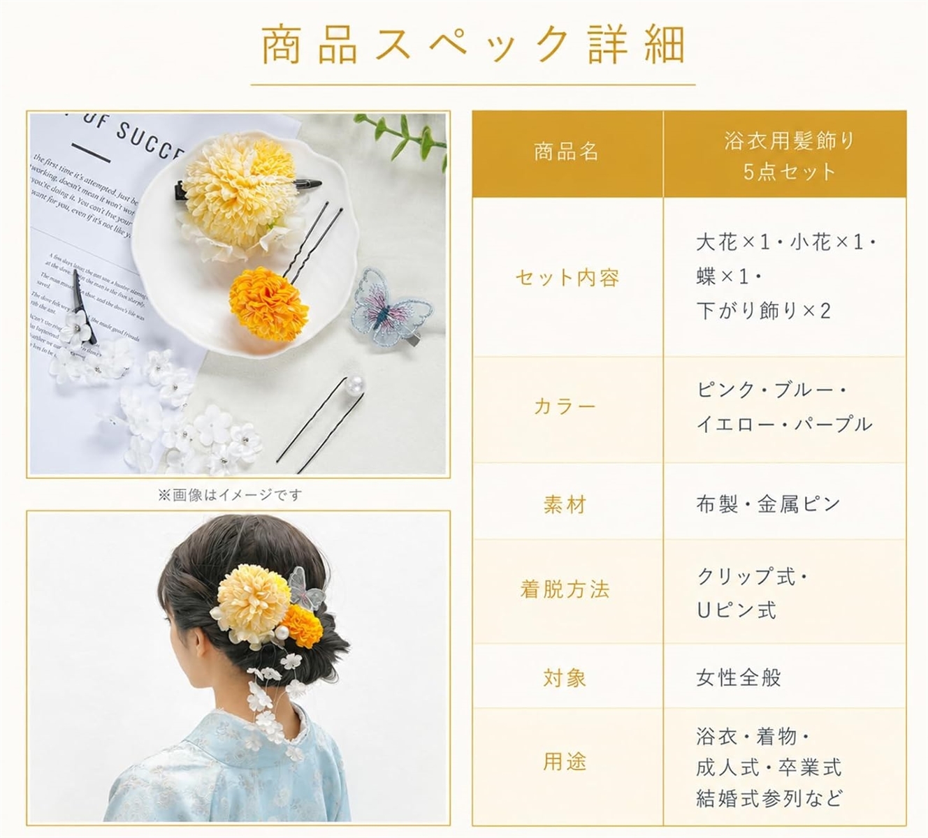 【限定値下げします！】浴衣5点セット ※髪飾り付き 1〜2日発送 日本企業浴衣用髪飾り 5点セット レディース 簡単着脱 蝶 花 夏祭り