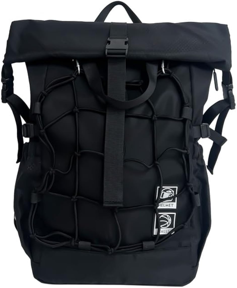 リュック 大容量 バスケットボール 7号球収納可 ヘルメットバッグ ロールトップ 軽量 (ブラック,  ミディアム)