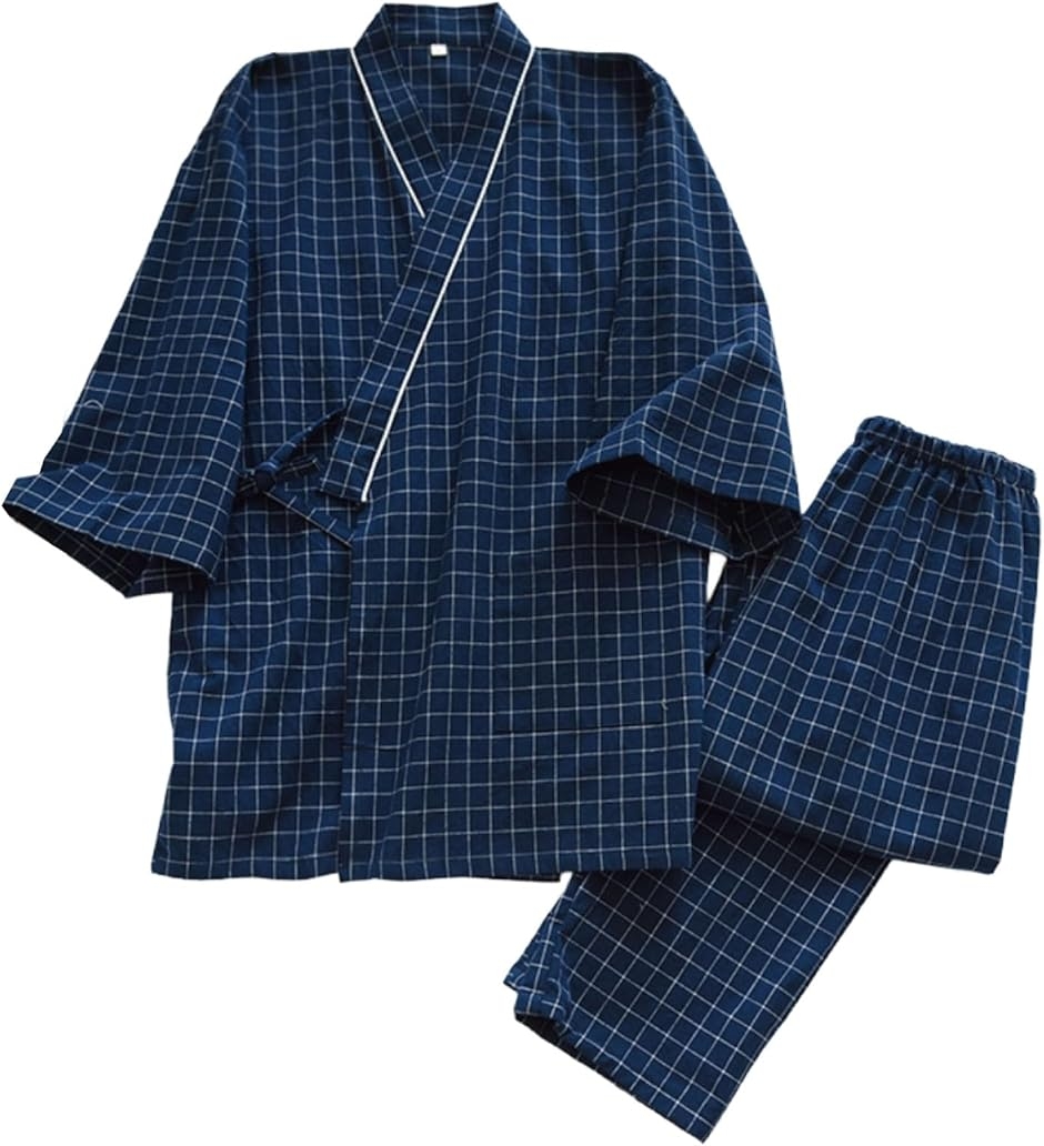 いつもの日々に 介護 パジャマ 前開き 入院準備 上下セット 綿100％ 甚平風 ねまき (ブルー,  XL)