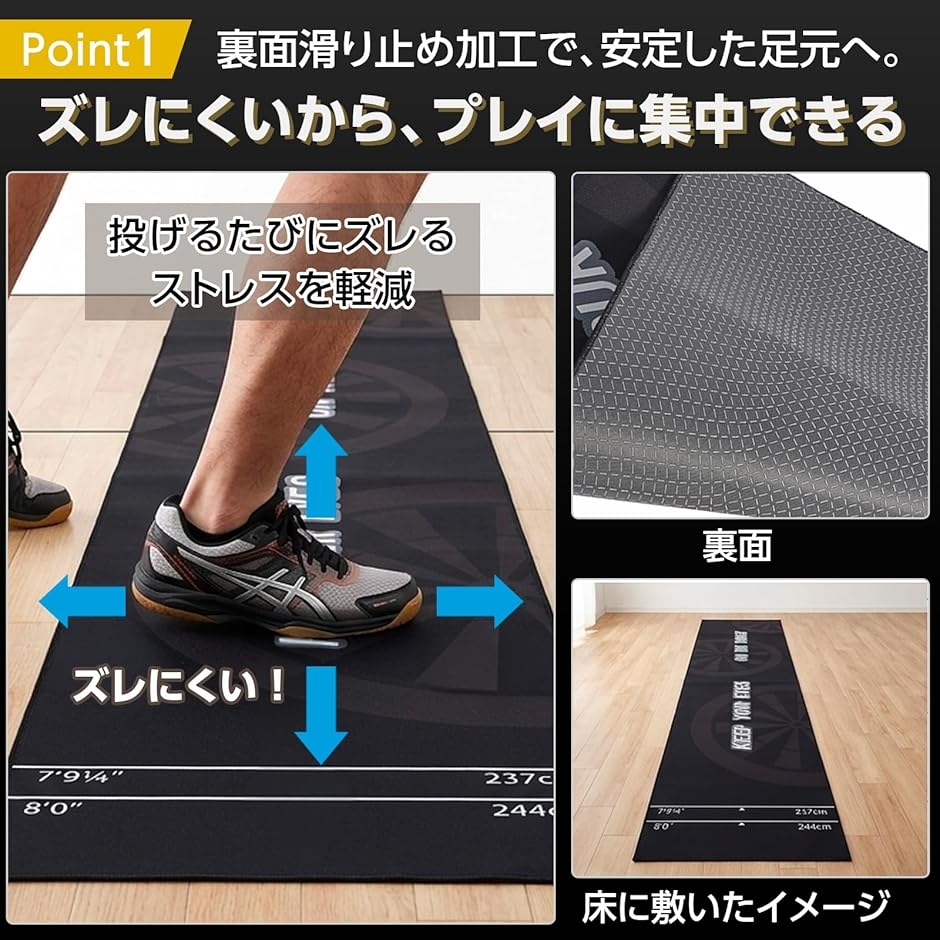 ダーツマット スローライン付き 260cm 公式距離対応 (ブラックxネオン