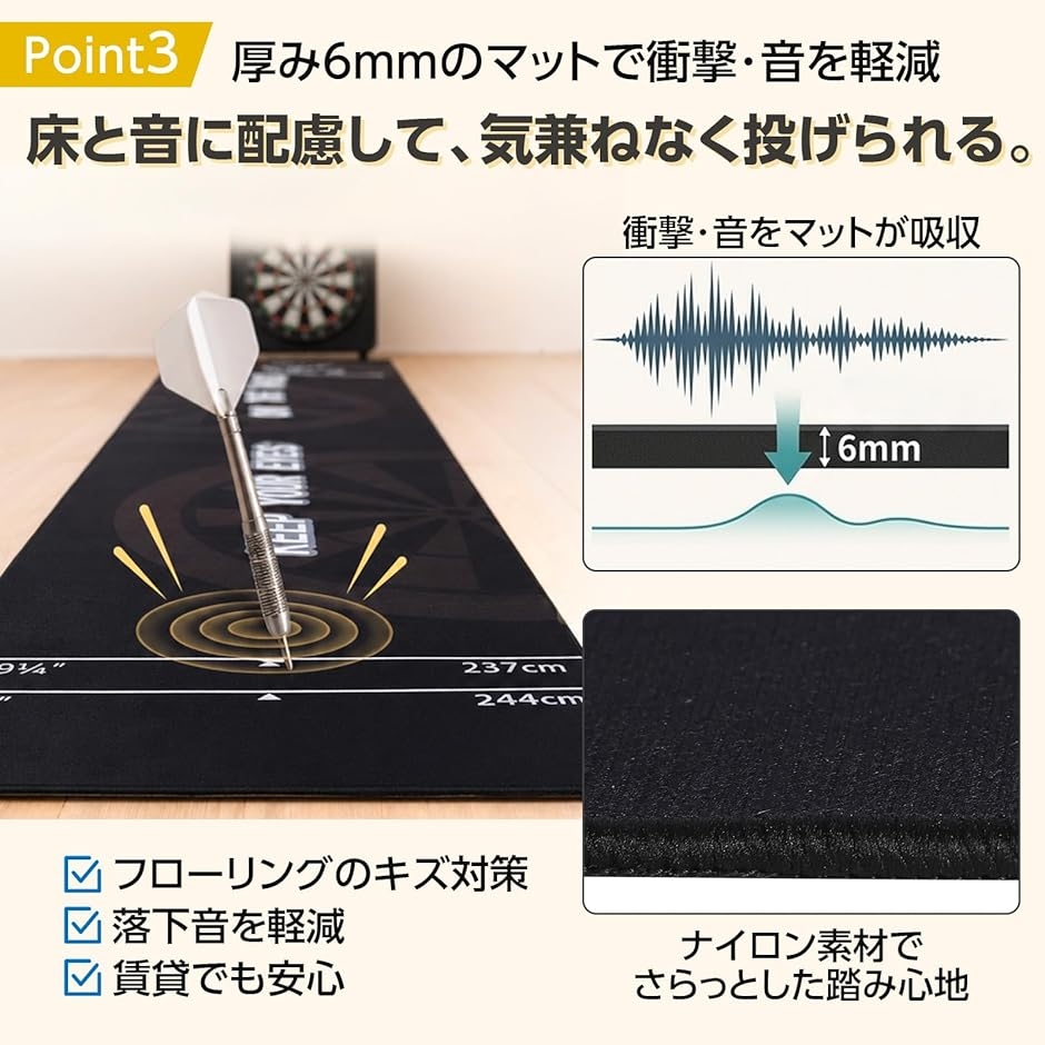 ダーツマット スローライン付き 260cm 公式距離対応 (ブラックxネオン