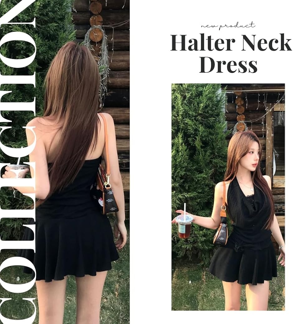 レディース ホルターネック ミニワンピース フレアスカート ドレープ