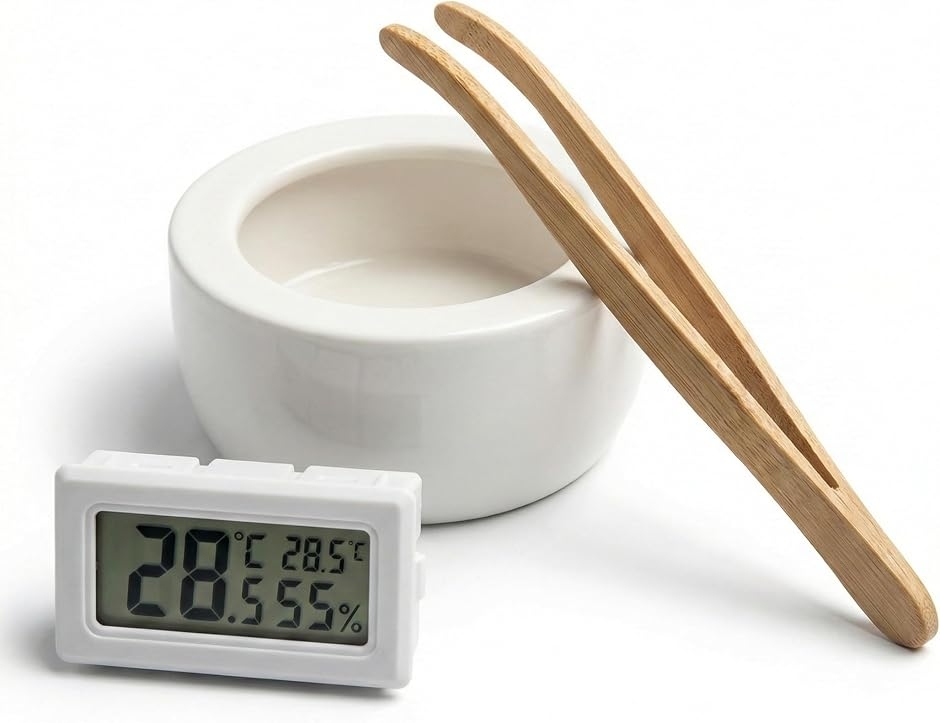 爬虫類用 飼育 3点セット防逃げエサ皿/竹製ピンセット/デジタル温湿度 