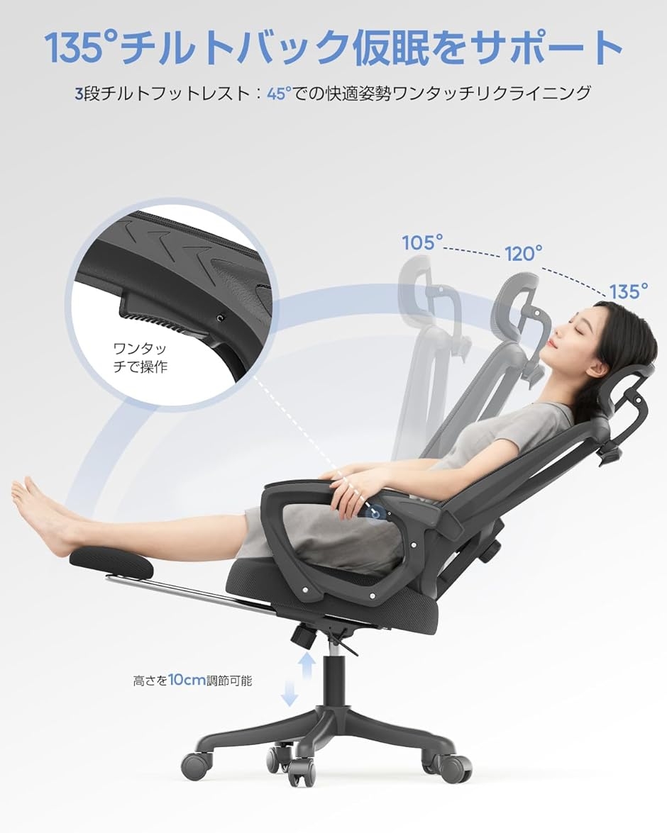 オフィスチェア メッシュ ハイバック フットレスト付き 135°リクライニング オフィスチェア メッシュ ハイバック フットレスト付き 135