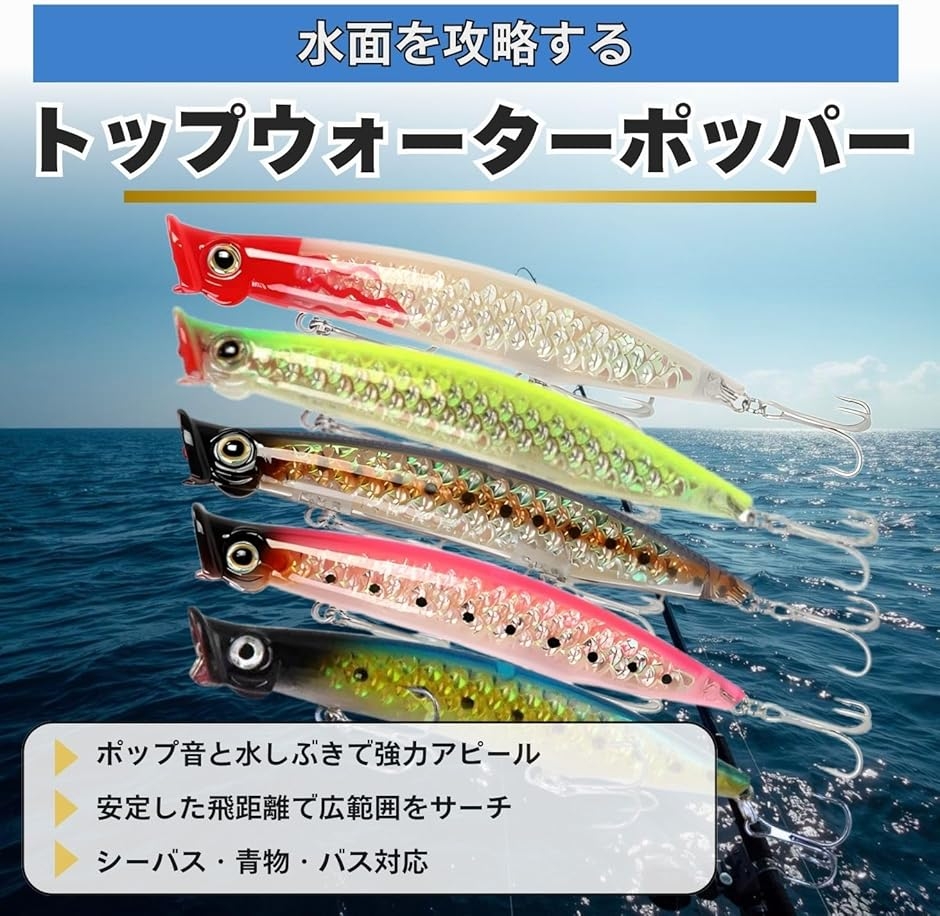 ルアーセット ポッパー トップウォーター 海釣り (レッドヘッド