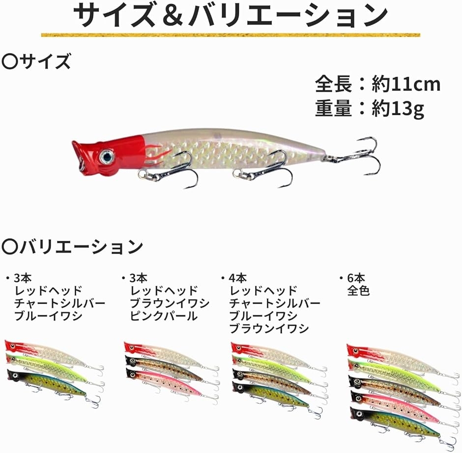 ルアーセット ポッパー トップウォーター 海釣り (レッドヘッド