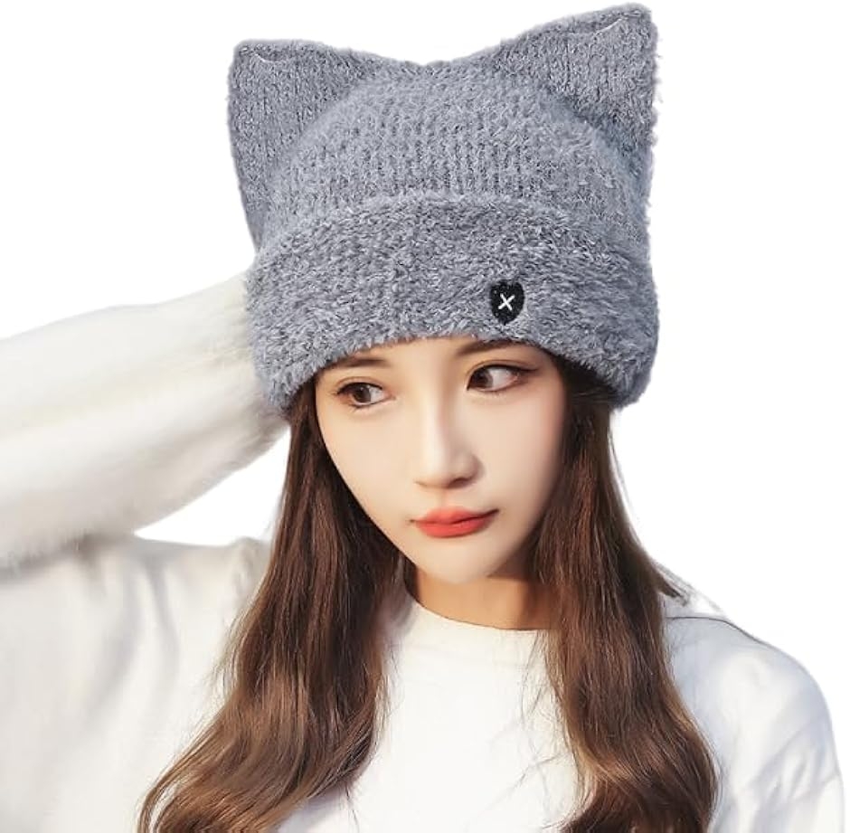 ニット帽 猫耳 ハート柄 レディース ゆったり 厚手 帽子 ワッチ