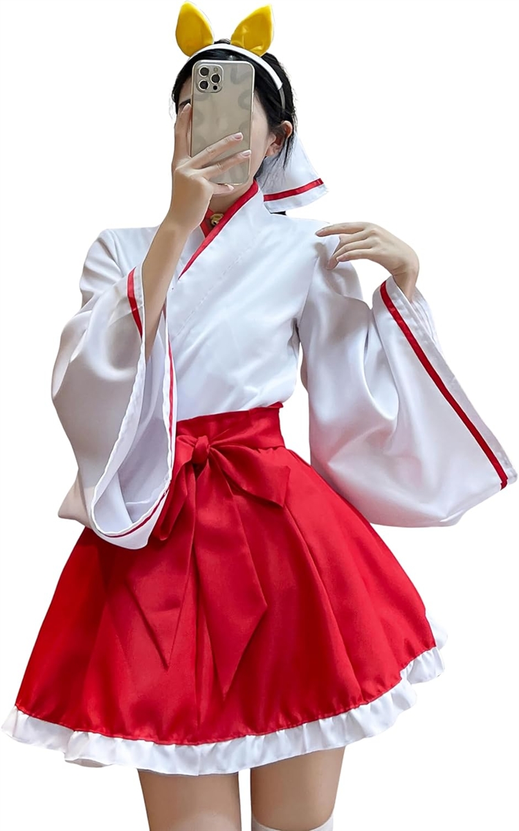 巫女 コスプレ 巫女服 衣装 ミニ スカート 仮装 和装 ミニスカ 狐耳 お正月 ハロウィン 学園祭 文化祭 イベント (レッド, M)