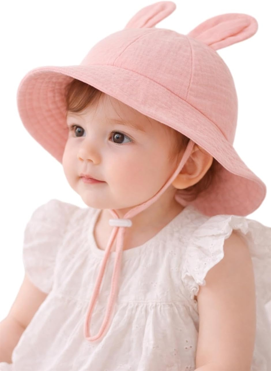 ベビー 帽子 赤ちゃん ハット 日よけ うさぎ耳 サンハット 折りたたみ 紐付き 飛ばない 夏 秋 (ピンク,  Free Size)