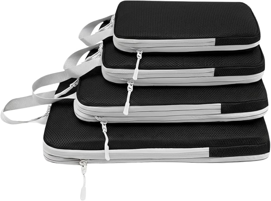 アスペルシオ トラベルポーチ 4点セット 旅行用圧縮袋 衣類袋 収納バッグ (プラムブラック,  4点セット(S/M/L/XL))