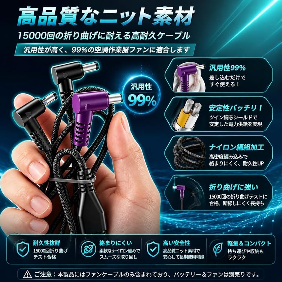 空調作業服 ファン 超高出力 薄型 USBケーブル付 5枚羽根 超大風量