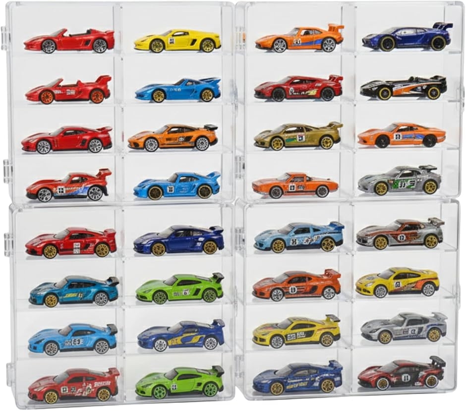 ミニカーケース 収納 コレクションケース アクリル 32台 8マス 4個セット (透明,  縦3.8cmx横18.5cmx高さ16.5c)