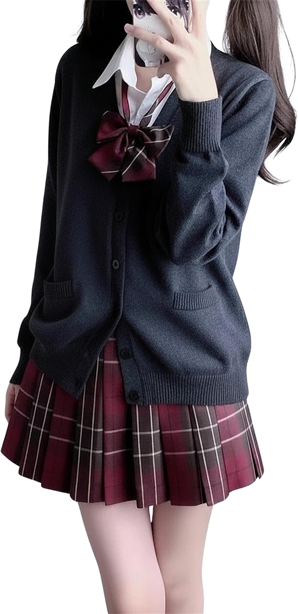 女子高生 コスプレ 制服 JK 学生服 仮装 コスチューム シャツ スカート リボン カーディガン 4点セット MDM (ダークレッド, XL)