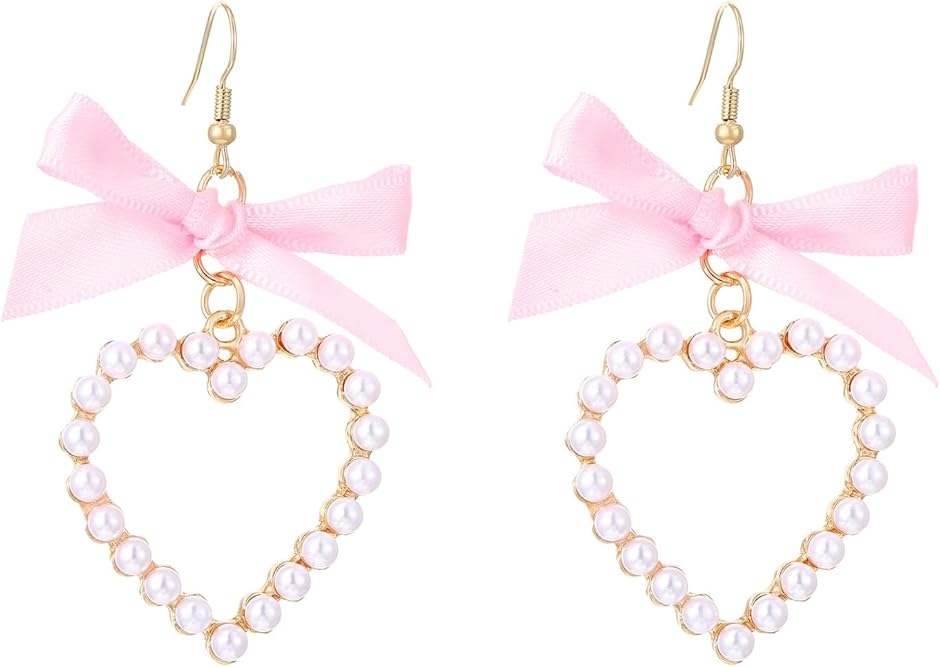 ピアス ハート ビーズ 大きめ 両耳 ゴールド フック式 かわいい レディース リボン 揺れる アクセサリー MDM (ピンク,  中)