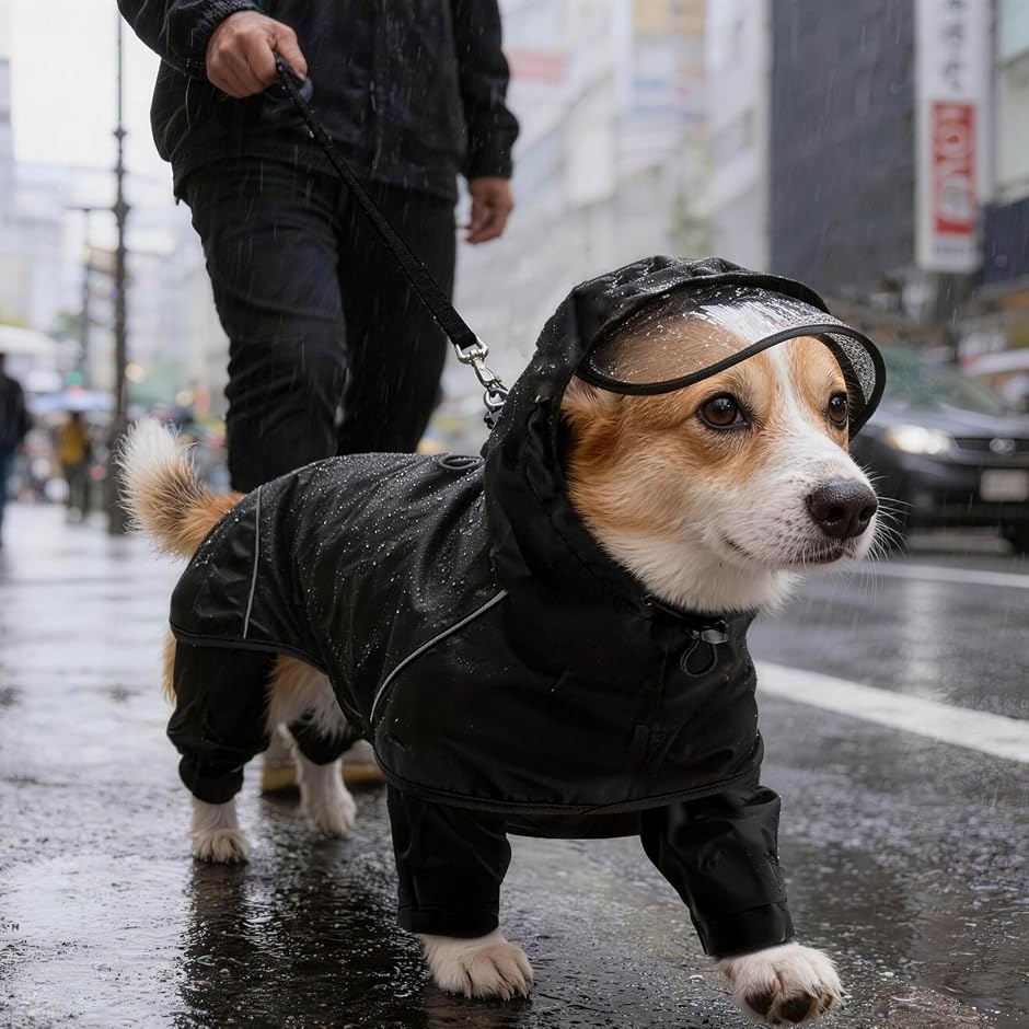 犬用レインコート カッパ 着脱簡単 防水 ペット 雨具 4本足つき 反射テープ 帽子付 面ファスナー リード穴あり (ブラック,  M) | ブランド登録なし