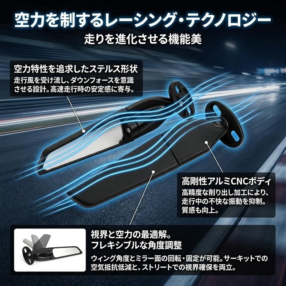 バイク ウィング型 ステルスミラー 左右セット カウル用 角度調整可能